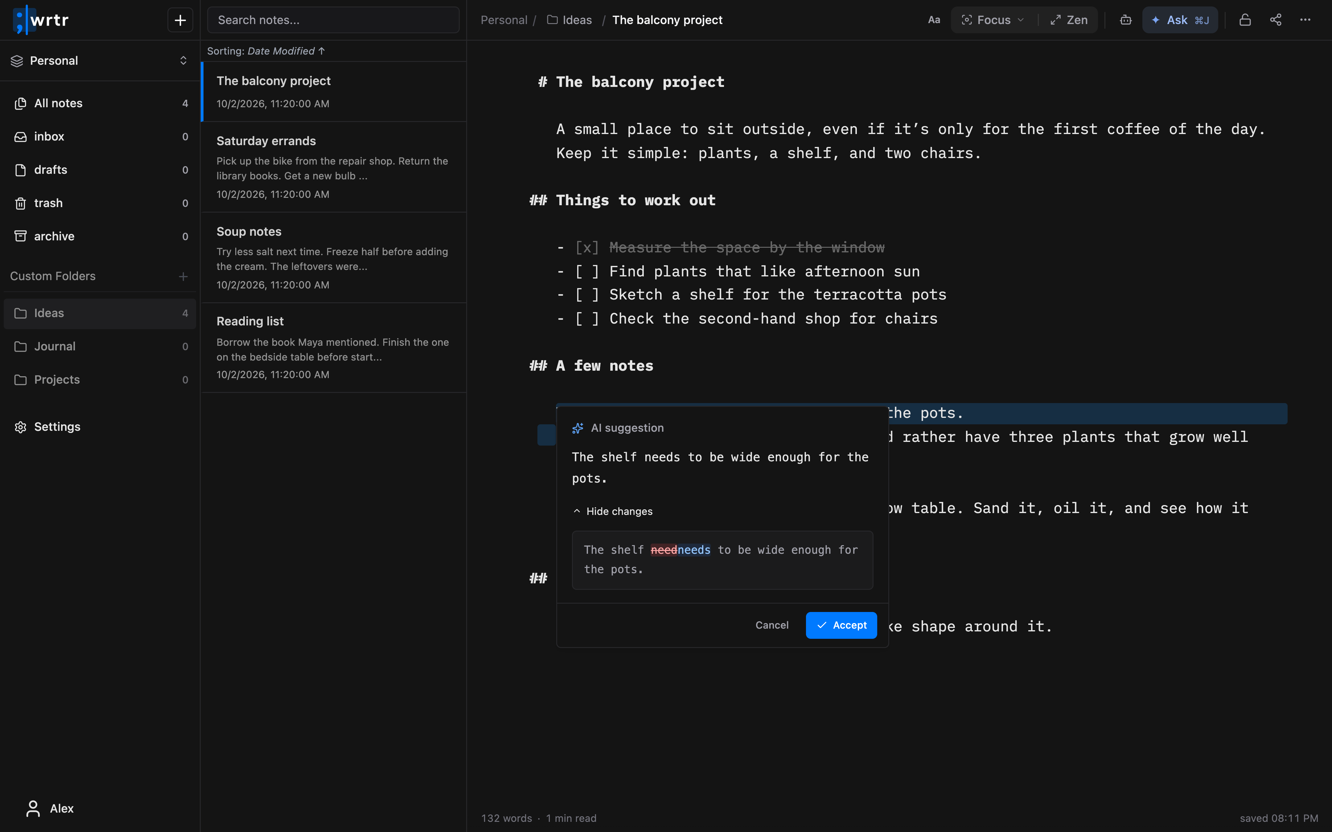 wrtr’s AI suggestion popover showing a grammar correction, the diff, and Cancel and Accept buttons.