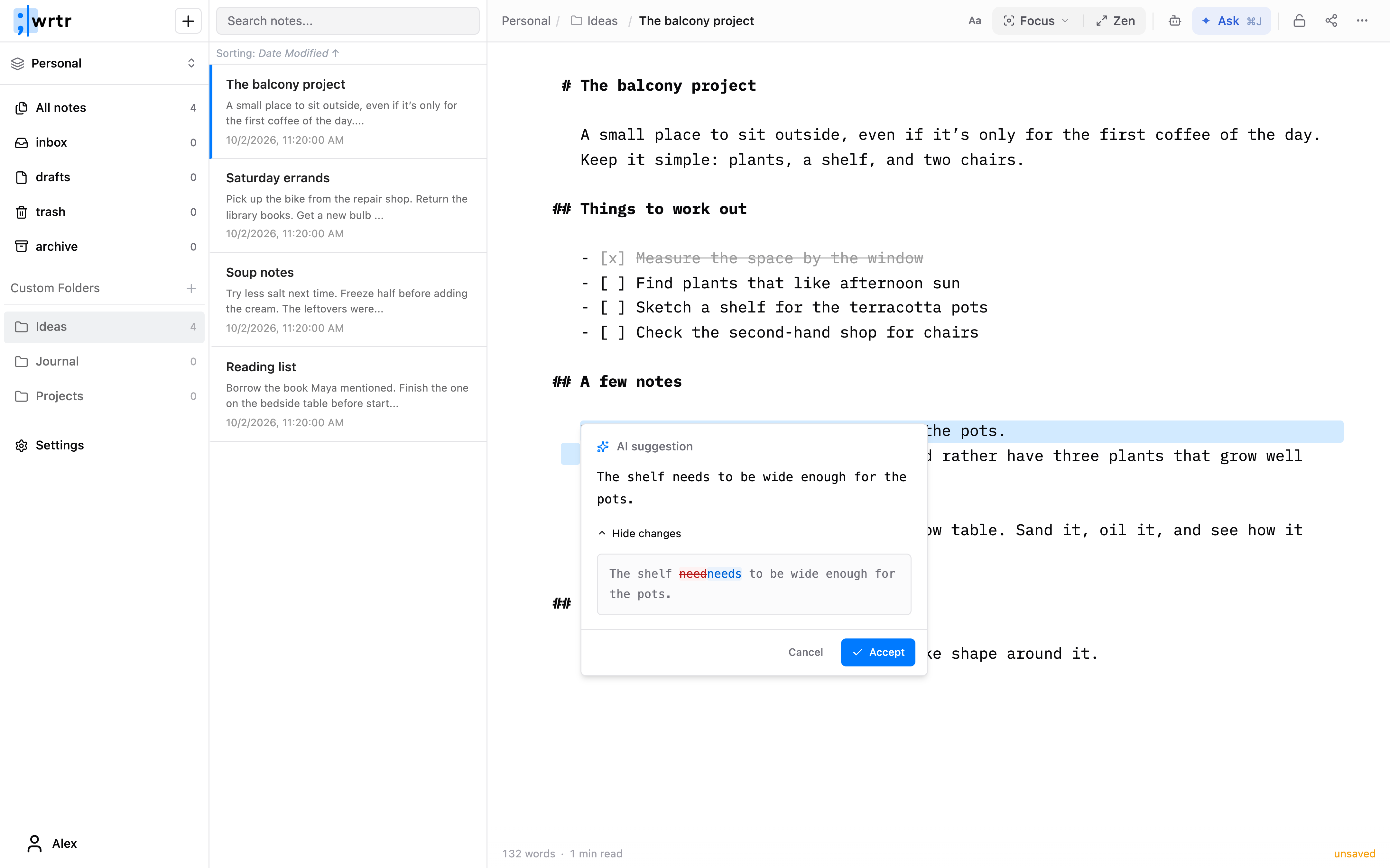 wrtr’s AI suggestion popover showing a grammar correction, the diff, and Cancel and Accept buttons.