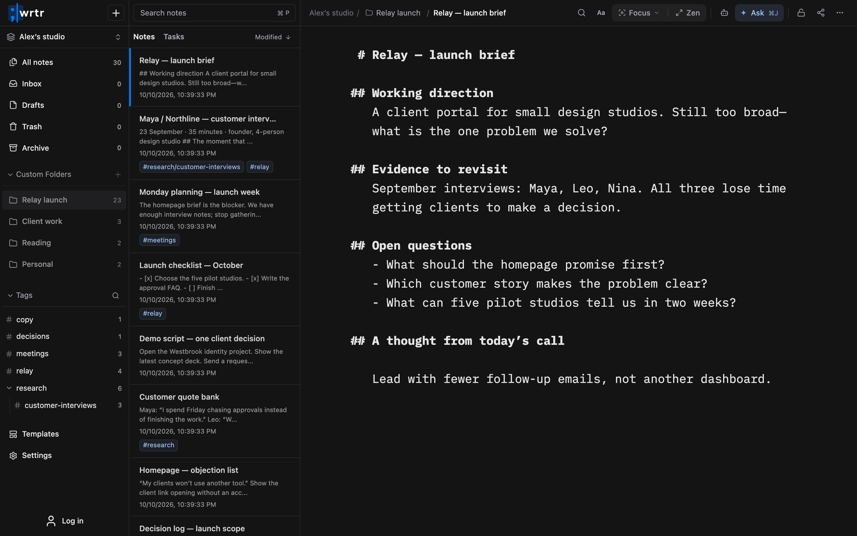 wrtr’s actual editor with a Relay launch brief, customer interviews, and a populated project note list.