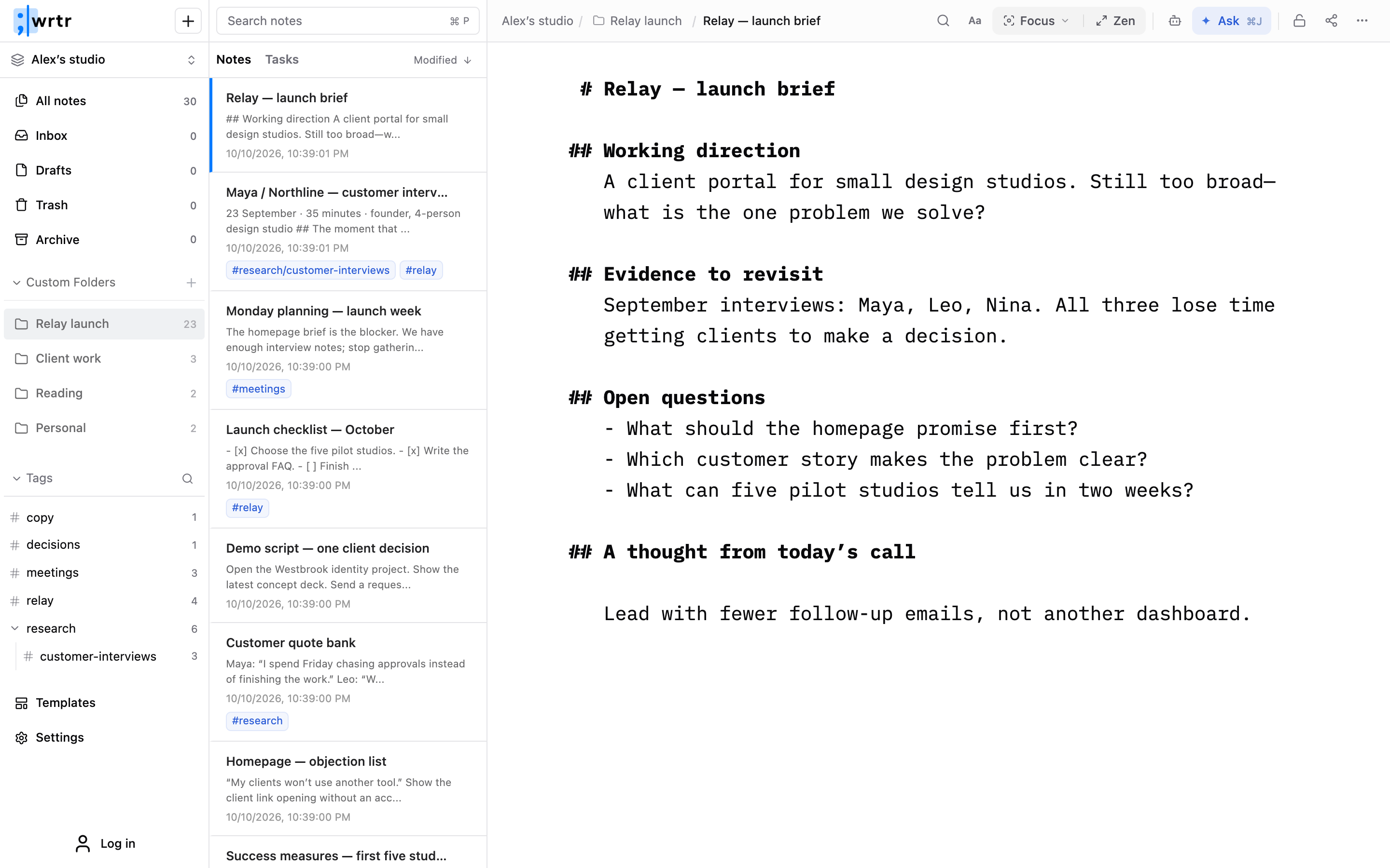 wrtr’s actual editor with a Relay launch brief, customer interviews, and a populated project note list.