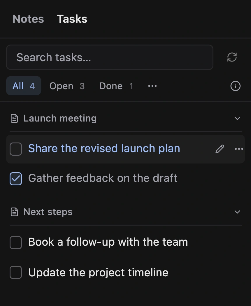 wrtr’s Tasks view with search, All, Open and Done filters, collapsible Launch meeting and Next steps groups, task checkboxes, and edit controls.