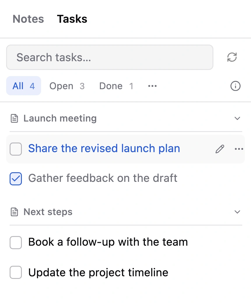 wrtr’s Tasks view with search, All, Open and Done filters, collapsible Launch meeting and Next steps groups, task checkboxes, and edit controls.