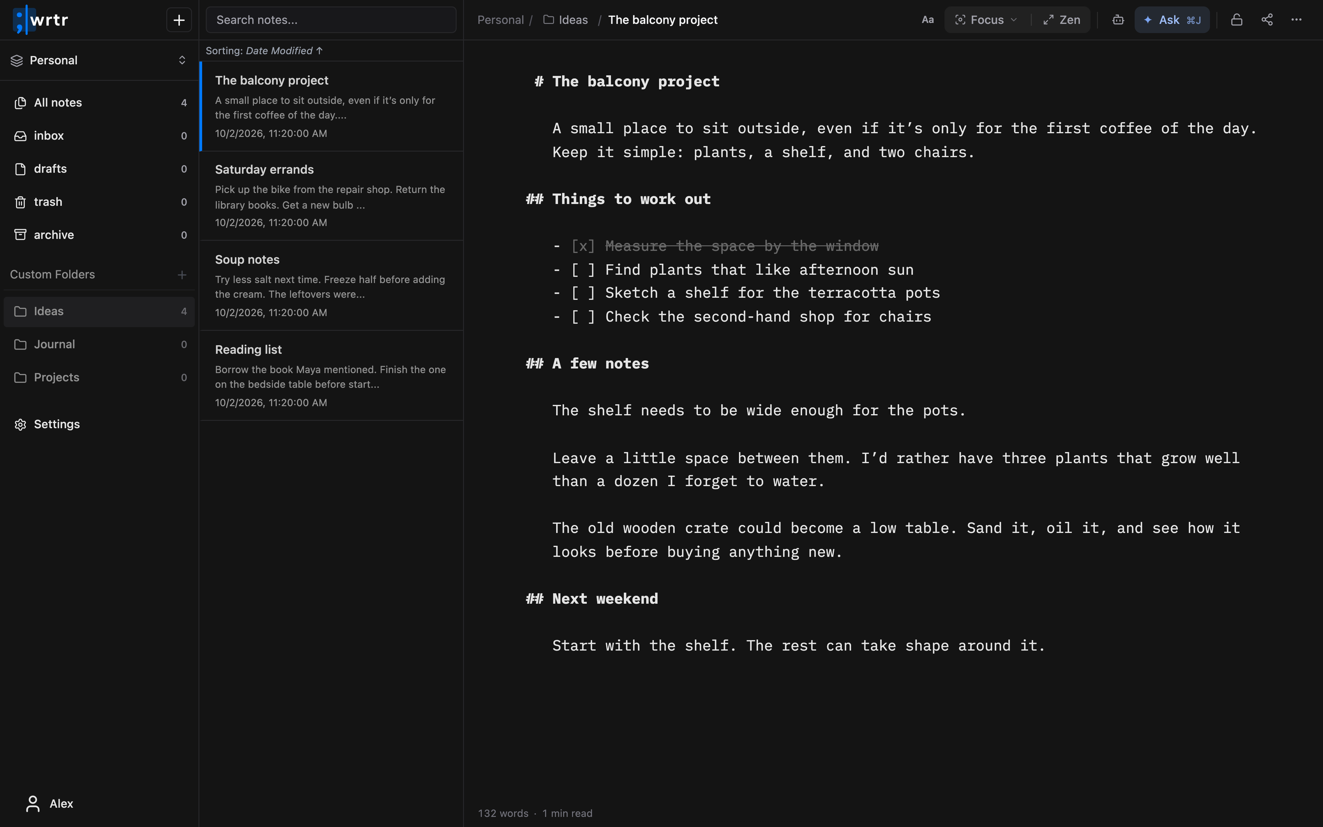 wrtr’s editor with workspaces, folders, a searchable note list, and a Markdown draft.