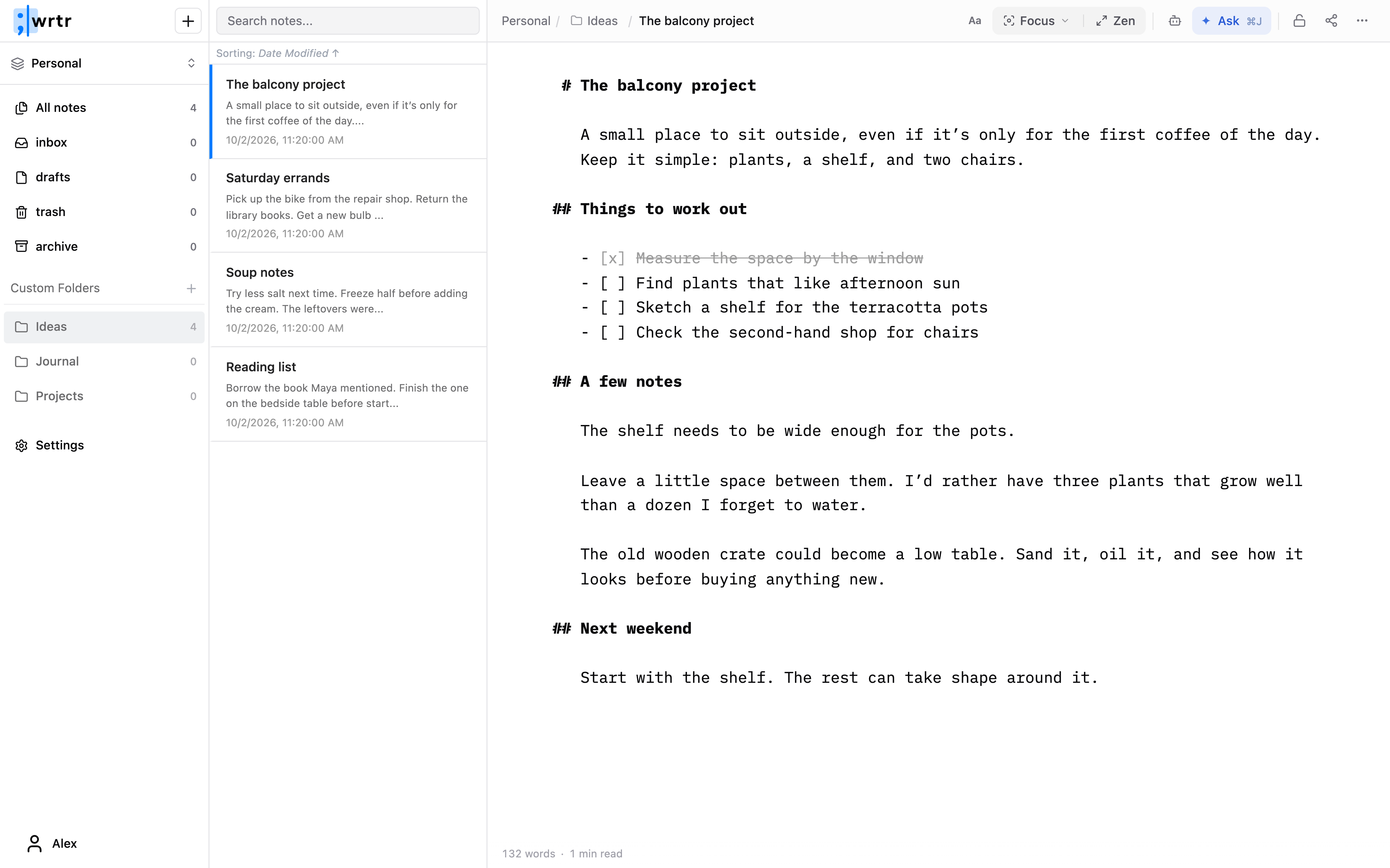 wrtr’s editor with workspaces, folders, a searchable note list, and a Markdown draft.